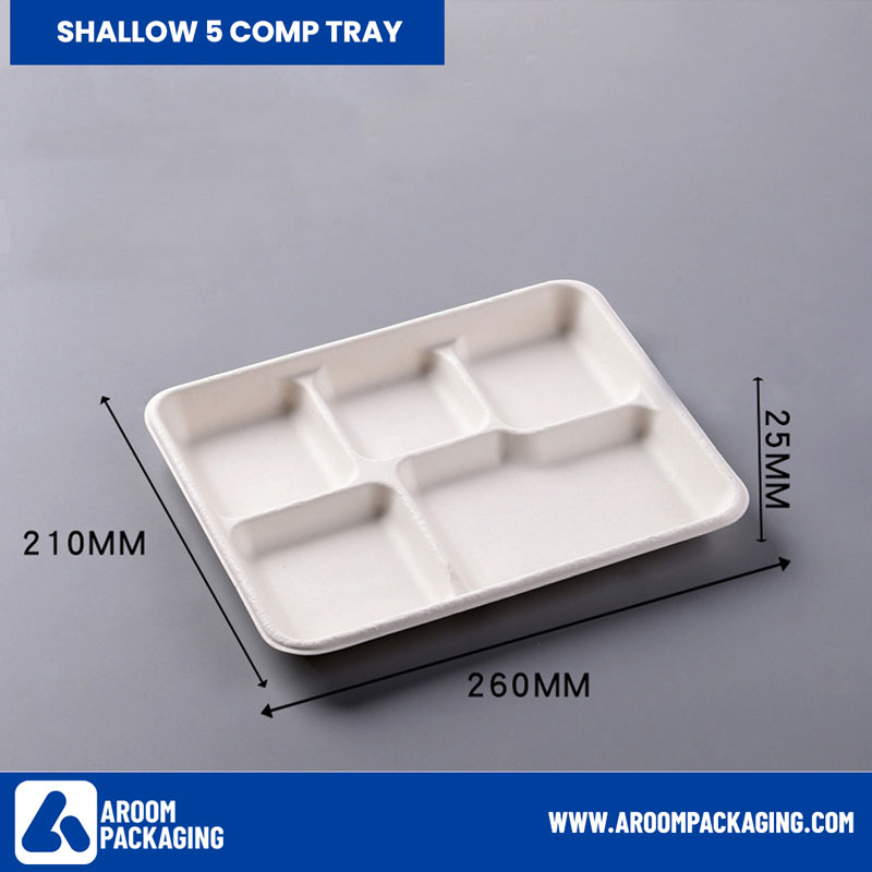 Shallow 5 Compartment Sugarcane Disposable Food Tray