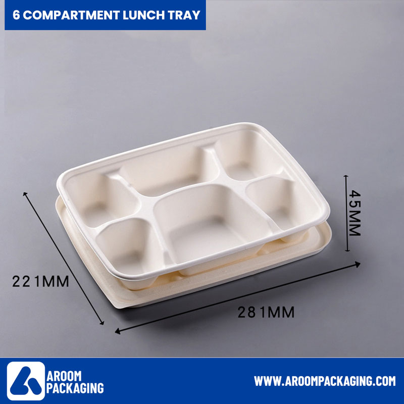 6 Compartment Sugarcane Disposable Lunch Tray