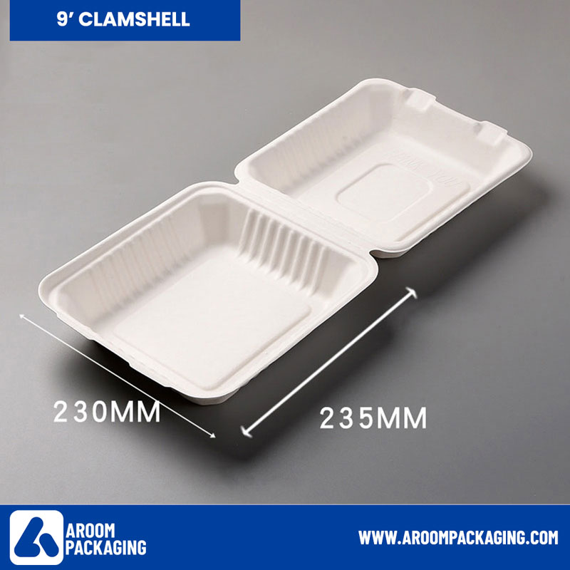 Eco-Friendly Disposable Bagasse Fiber 9 Inch Clamshell