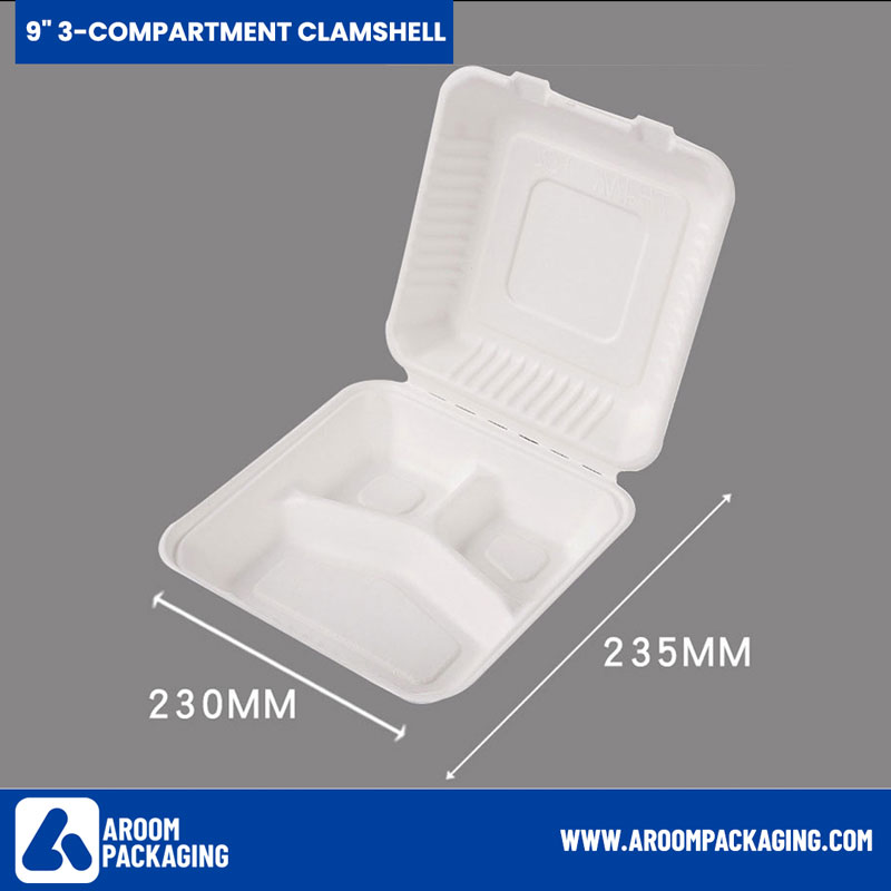 Eco-Friendly Disposable 9 Inch Bagasse 3-Compartment Fiber Clamshell