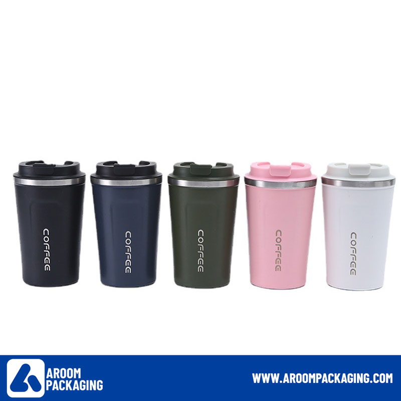 Five reusable coffee cups in black, navy, green, pink, and white are suitable for use in office.