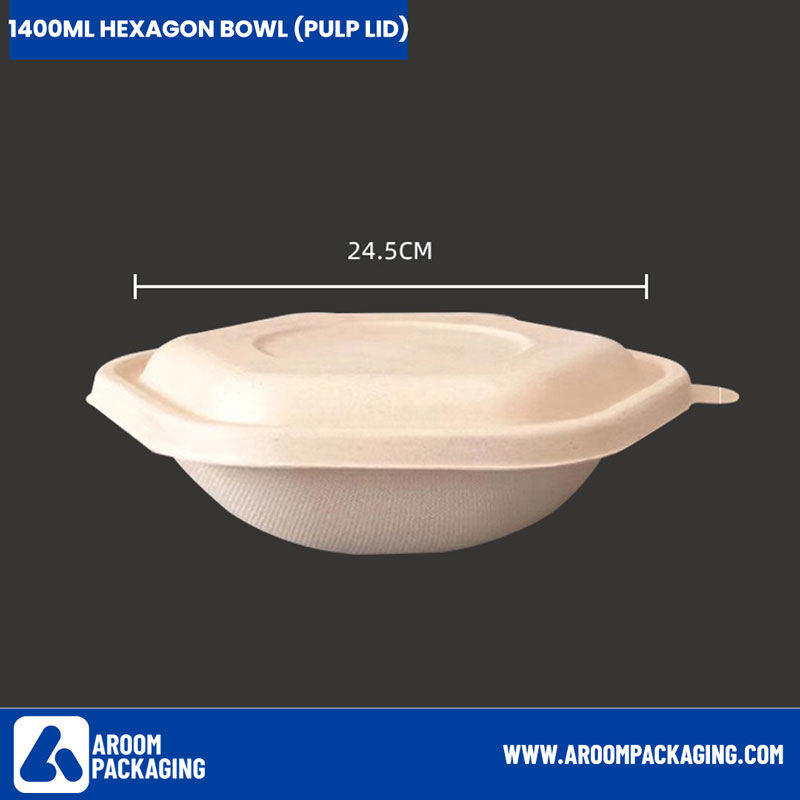 Pulp Lid of Bagasse 1400 ML Hexagon Bowl