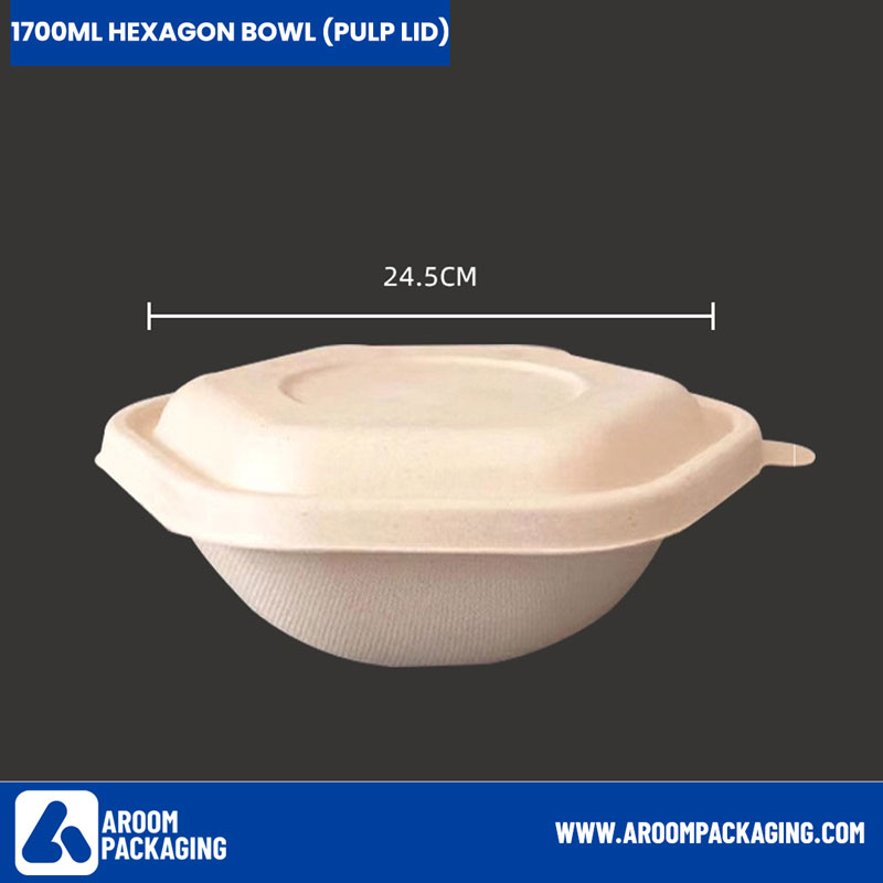 Pulp Lid of Bagasse 1700 ML Hexagon Bowl
