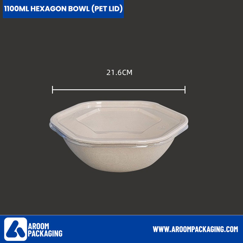 PET Lid of Bagasse 1050 ML Hexagon Bowl