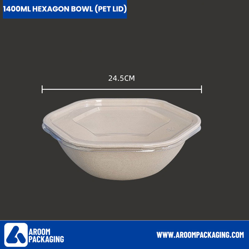 PET Lid of Bagasse 1400 ML Hexagon Bowl