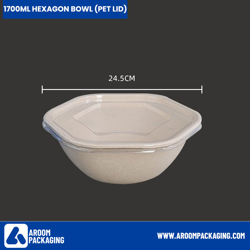 PET Lid of Bagasse 1700 ML Hexagon Bowl