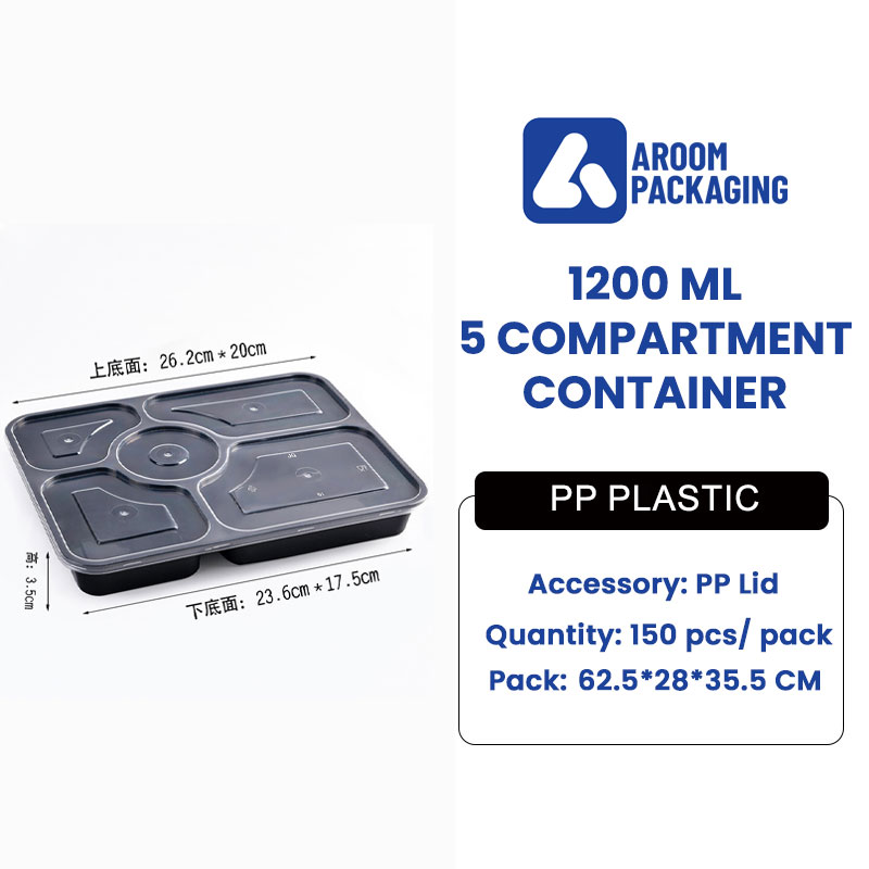 1200 ML Black Plastic Food Container 5 Compartment