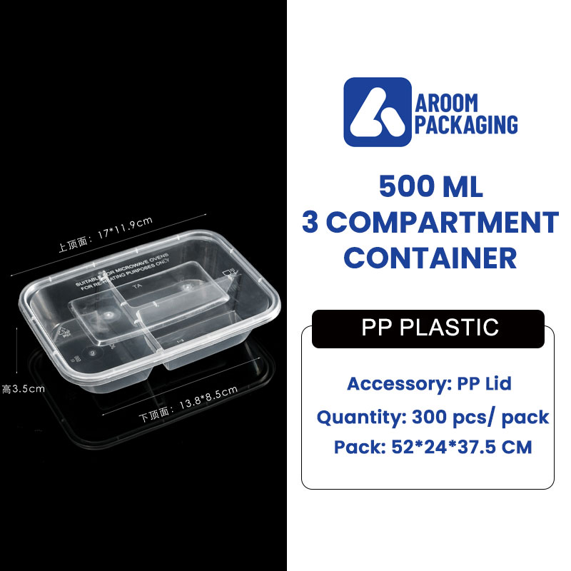 500 ML Rectangular 3 Compartment Plastic Food Storage Container