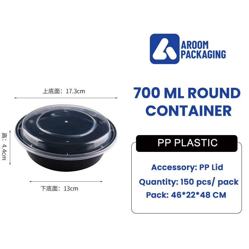 Black Food Grade PP 700 ML Microwavable Refrigerated Disposable Round Food Container with Lid