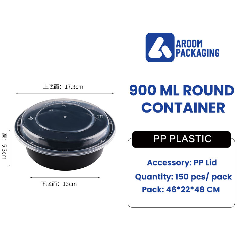 Black Food Grade PP 900 ML Microwavable Refrigerated Disposable Round Food Container with Lid