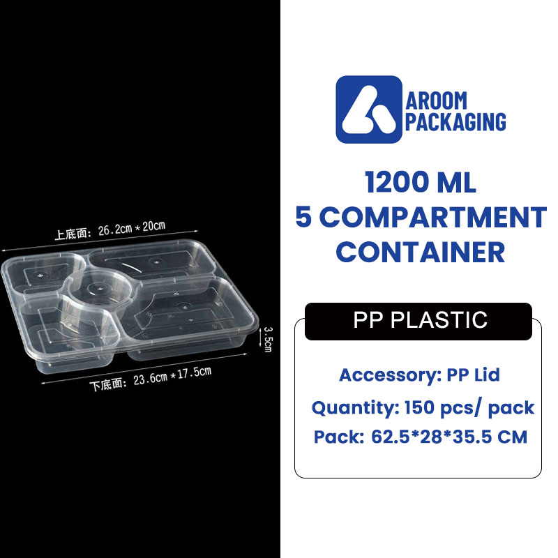 1200 ML Clear Plastic Food Container 5 Compartment