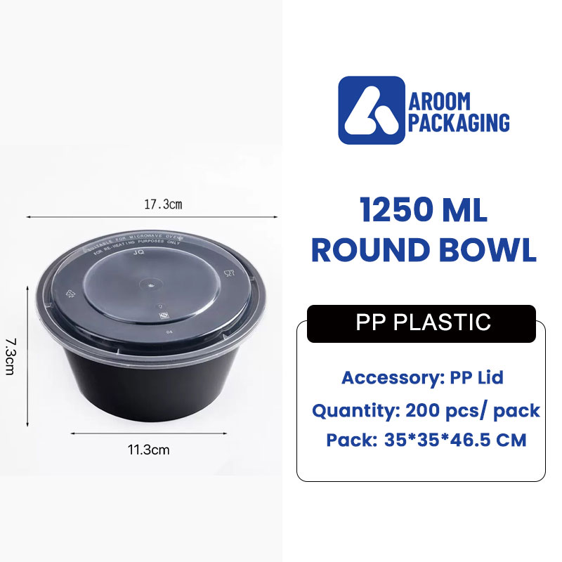 1250 ML Black Plastic Flat Cover Round Disposable Bowl