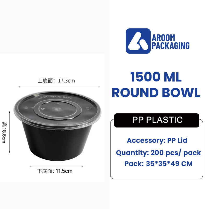 1500 ML Black Plastic Round Disposable Bowl